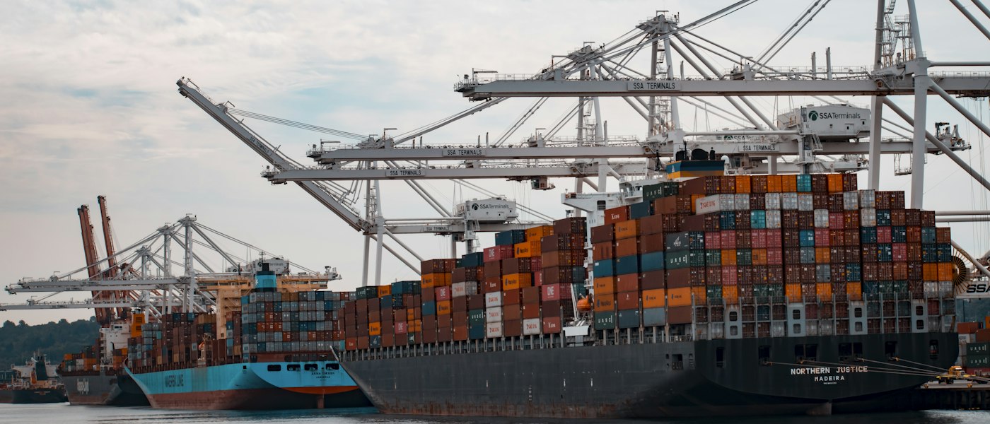 Container ships loading under gantry cranes at a cargo port
